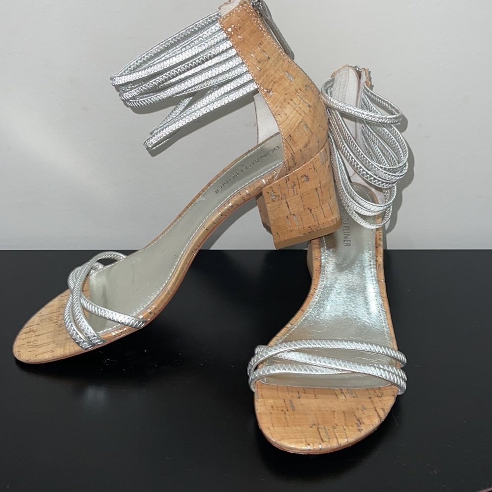 Donald J. Pliner Silver Strappy Cork Block Heel Sandals